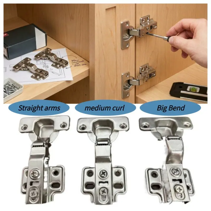 Stainless Steel Silent Dampener Cabinet Door Hinges 8-Piece Set with Screws, Multiple Sizes, American Short Arm Hydraulic Buffer Hinges