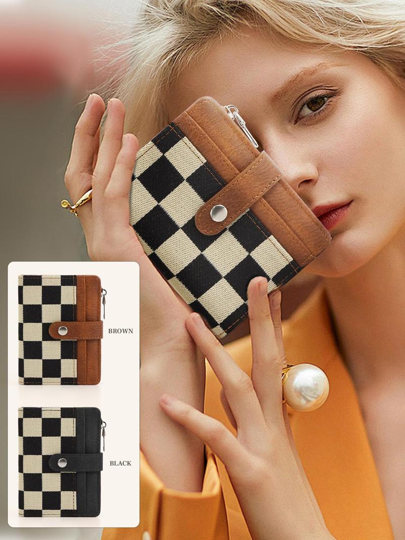 Women PU Leather Plaid Pattern Wallet Small Bifold Zipper Pocket Wallet Card Case Purse with ID Window, Casual Style All Seasons Bag Fabric