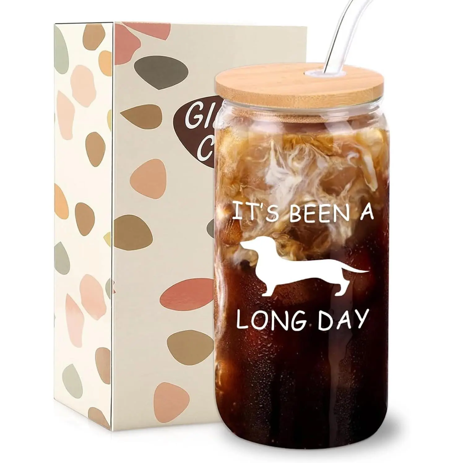 Dachshund Gifts for Women, 16 oz Cute Glass Cup with Lid and Straw | It's Been a Long Day Iced Coffee Cup, Funny Wiener  Decor  for Women  Lovers, with Cleaning Brush and  Box