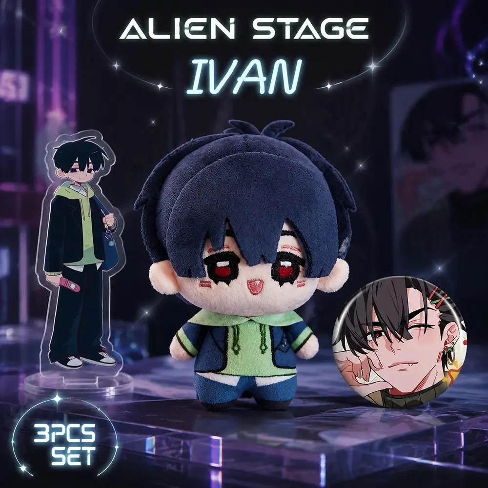 3-Piece Alien Stage Plush Set, 10cm Cute Anime Stuffed Toys, Includes Plushie, Badge, Stand, Soft Touch, Birthday Gift, Room Decor, Stuffed Animal Collectibles