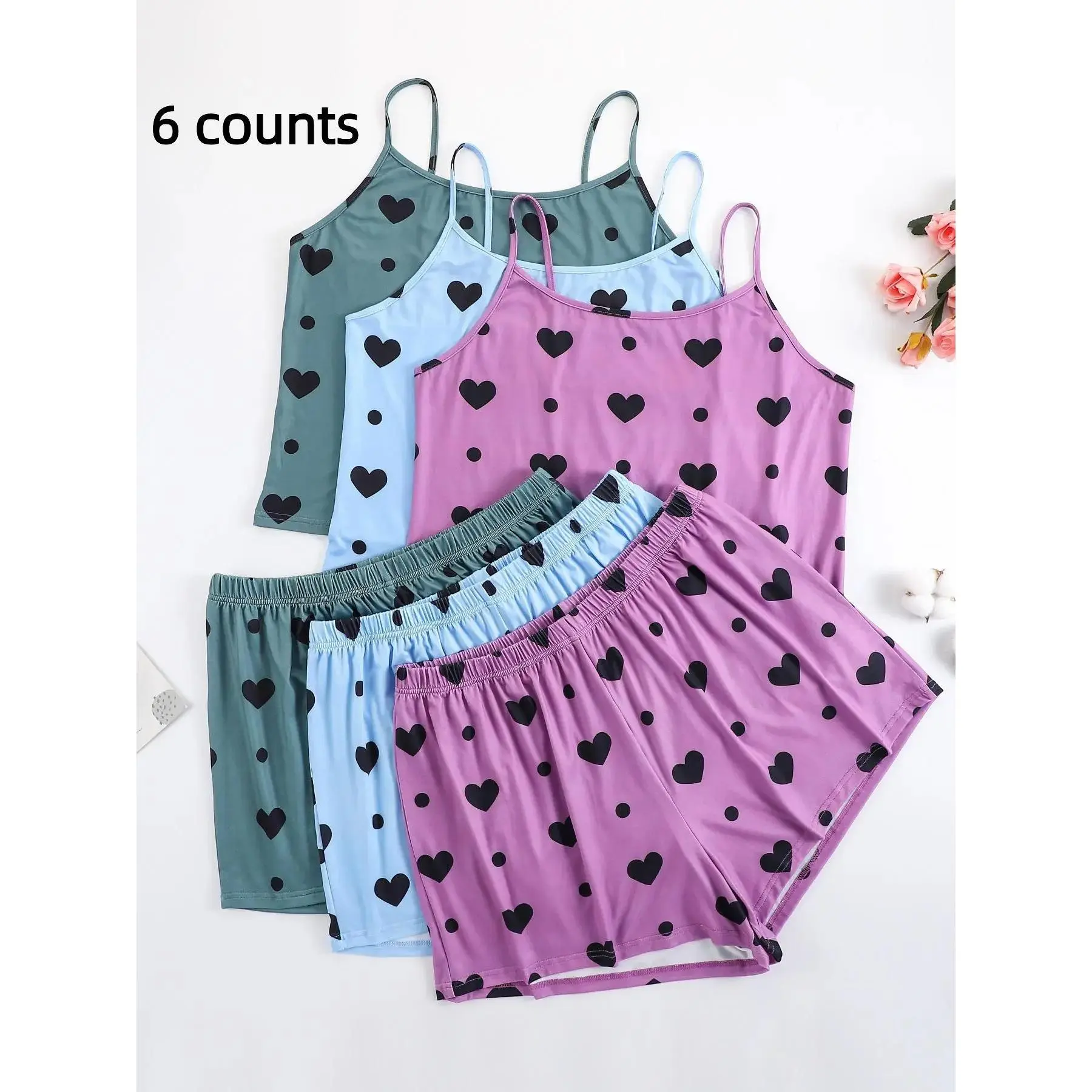 Plus Size Heart Print Elastic Waist Pyjama Set, Casual Sleeveless Spaghetti Strap Cami Top & Shorts PJ Set, Women's Sleepwear for All Seasons, Loungewear, Day at Home, Womenswear, Pajamas, Fit
