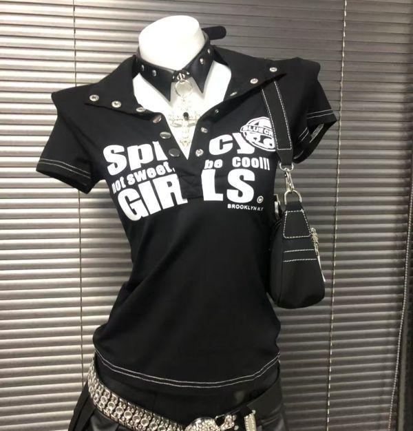 Y2k Polo Collar Slim Goth Sexy Crop Top Letter Print Punk Woman