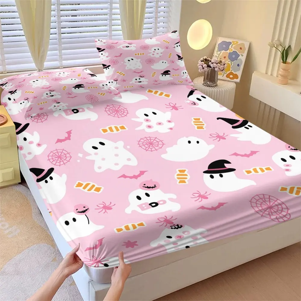 Halloween Ghost Bed Sheet Set, Cartoon Design, High Elasticity Mattress Cover, Includes 1 Bed Sheet and 2 Pillowcases, 25cm Deep