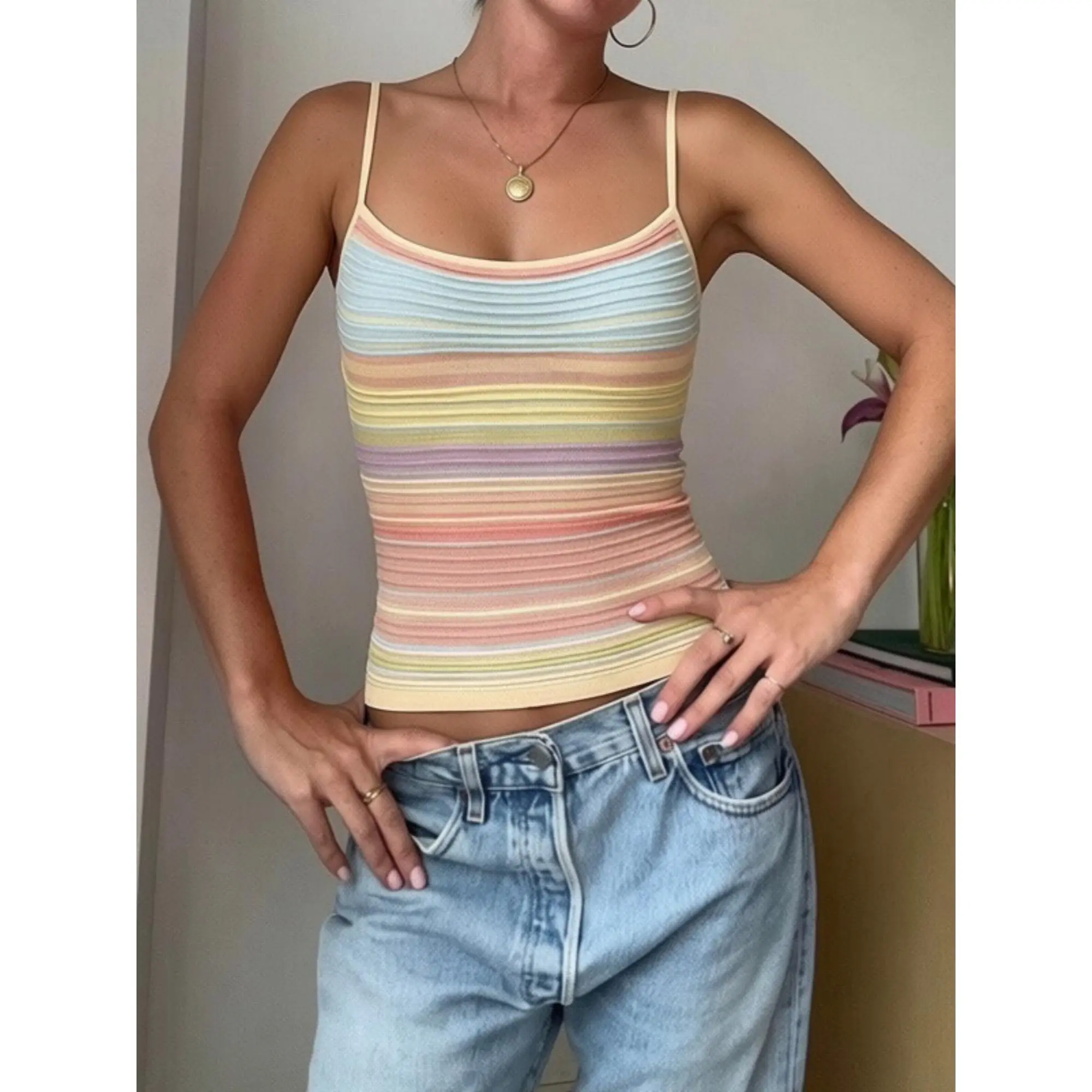 y2k Striped Tank Tops Women Summer Sleeveless Scoop Neck Knit Camisole Vest Streetwear