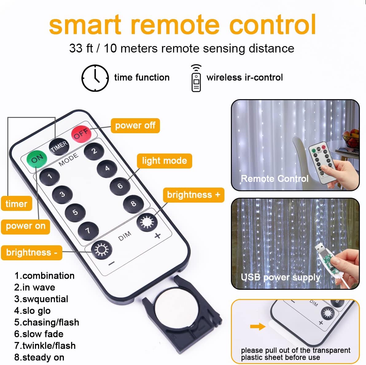 Fairy Curtain Lights,300 LED White Curtain Lights,8 Modes 9.89.8Ft  Window Curtain String Light USB  with Remote Control,Christmas String Lights Curtain for Indoor/Outdoor