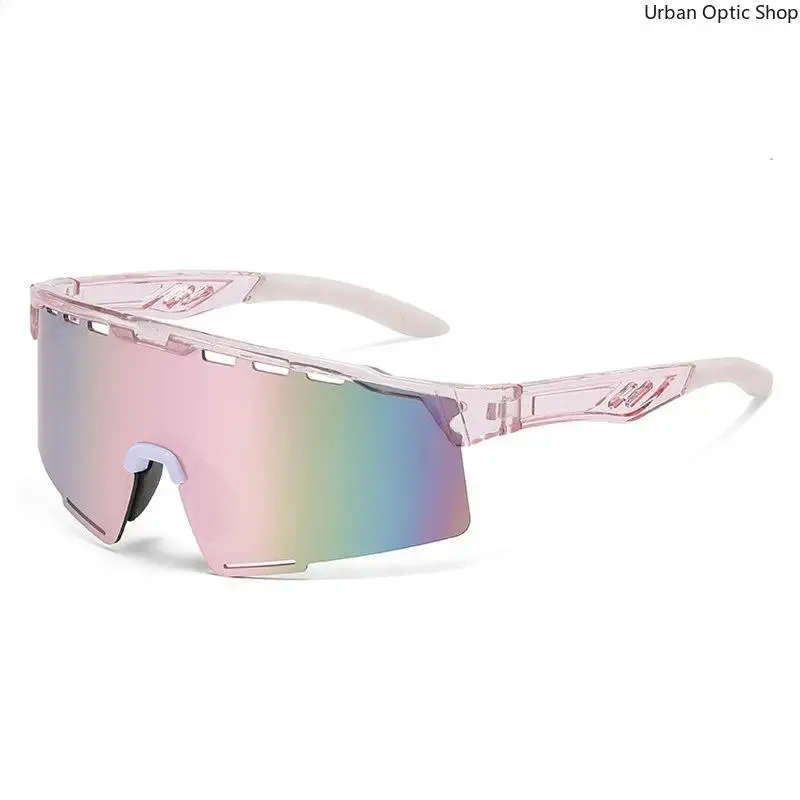 XUH Shield-Style Women's Polarized Sunglasses, Pink Transparent Frame Rainbow Mirror Lens, UV400 Anti-UV Ventilated Sport Shades for Cycling & Running