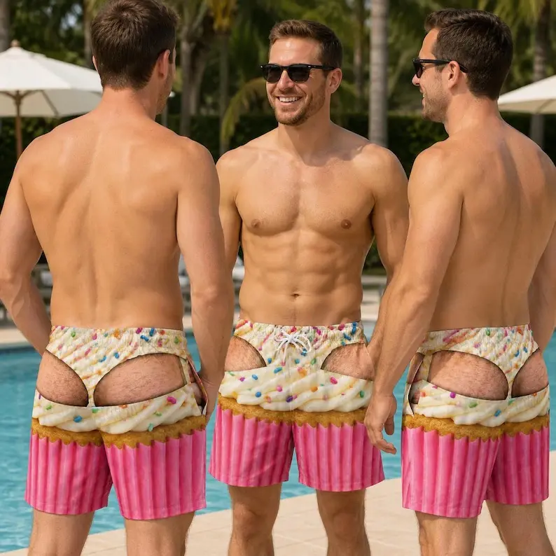 Funny Mens Swim Trunks, Cupcake Hairy Butt Shorts, Pink Beach Shorts, Gag Gift for Him, Bachelor Party Swimwear