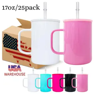 25pack 17oz Sublimation Glass Mugs, Colorful Tumblers with Handle, Lids & Straws, USA Warehouse Wholesale Coffee Mugs, for Beer, Juice, Iced Coffee Drinkware