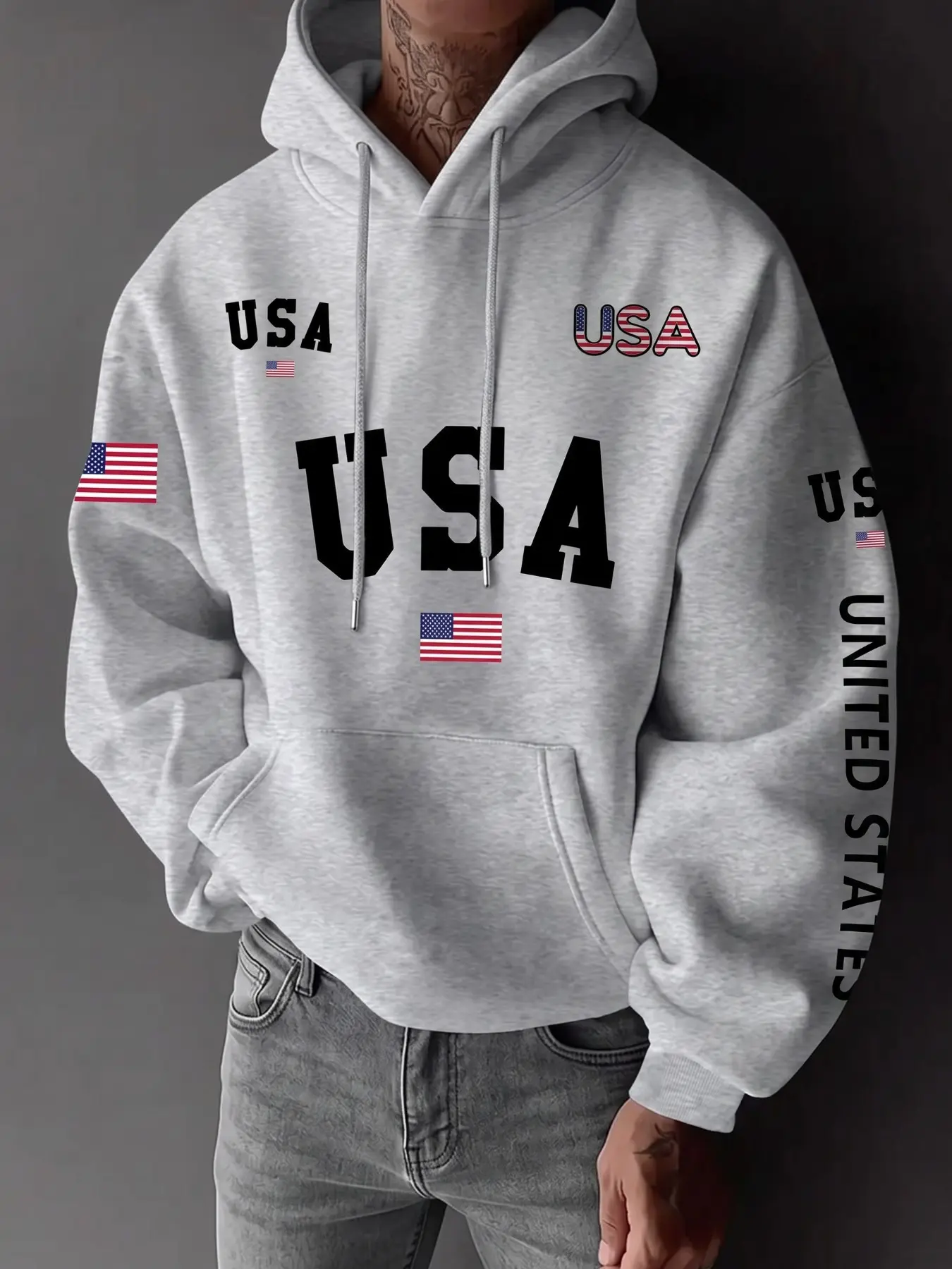 Polyester Fleece Fabric Men Oversized Hooded Sweatshirt, Multi-Position USA Letter American Flag UNITED STATES Vertical Sleeve Print Pullover Hoodie, Menswear Clothing, Ropa De Hombre, Uomo Mens Clothing, Patriotic Casual Streetwear Tops For Spring Autumn