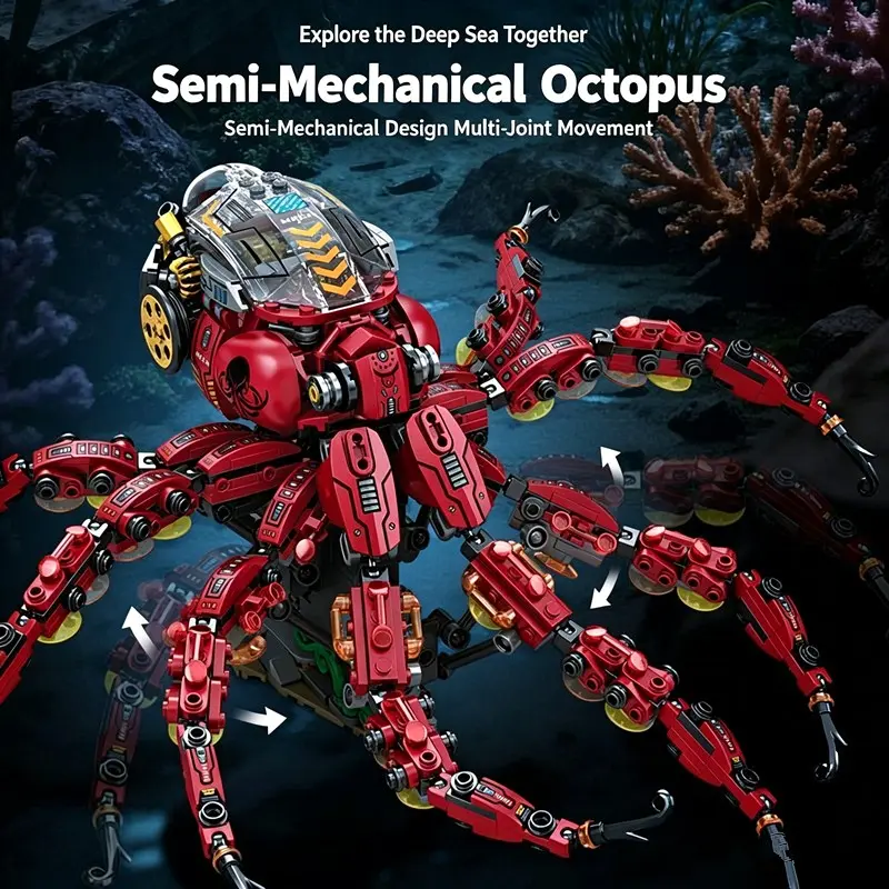 1 Cyberpunk Style Mechanical Octopus Construction Set, Deep Sea Creature Assembly Bricks, Educational Hobby Building Kit for Kids Teens Adults Age 12 14 16 18+, Present 2026 Mega Promotion
