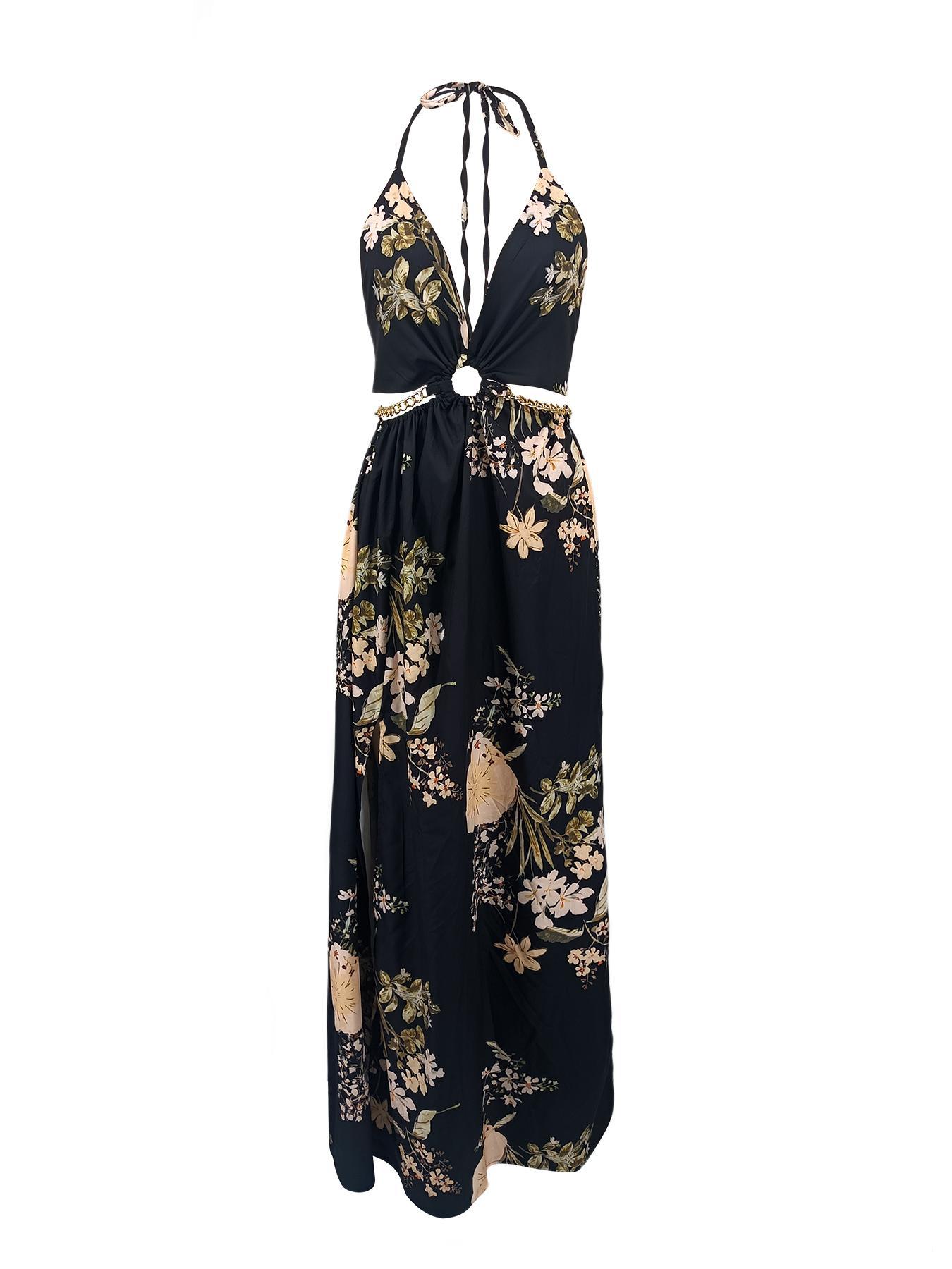 Summer Floral Print Deep V Halter Tie Split Maxi Dress Casual Wear