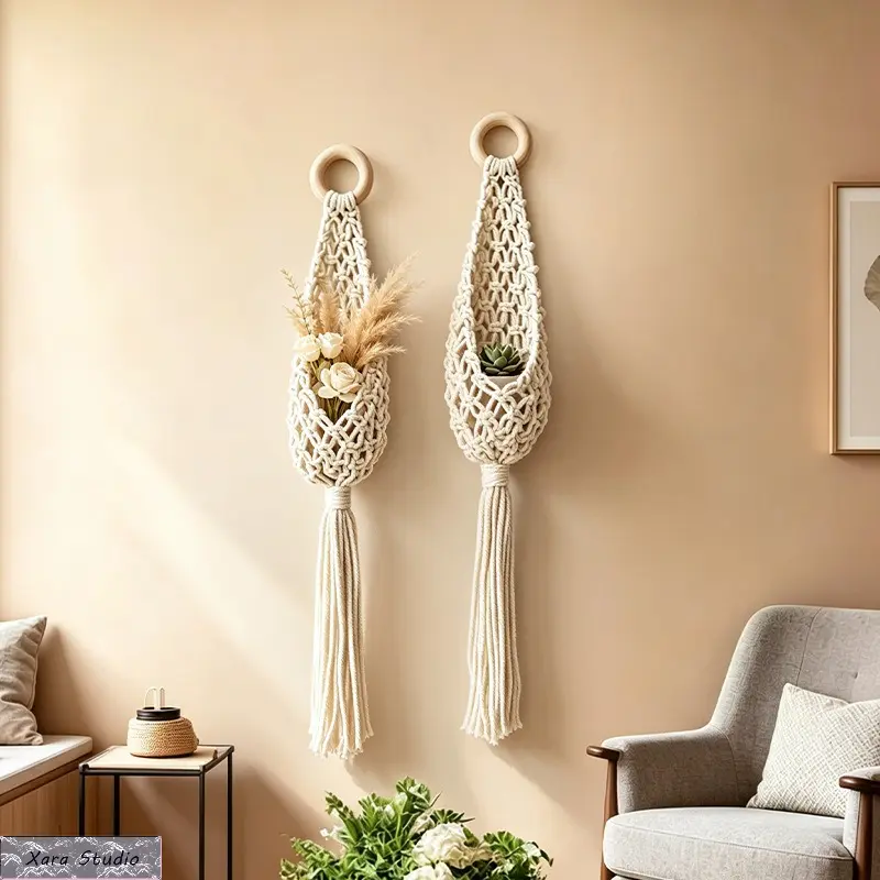 Handwoven Boho Cotton Rope Wall Hanging Pocket - Decorative Rustic Botanical Flower Holder, Lightweight Hanging Storage Organizer for Dried Flowers, Faux Plants, Small Decor, Bedroom, Living Room, Ideal Gift