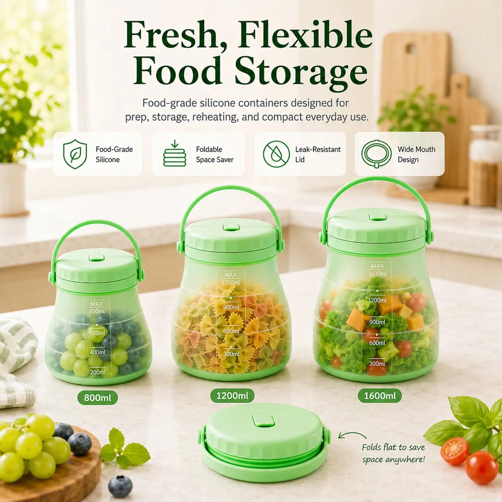 3PC Collapsible Silicone Food Storage Bucket Utensils with Handle, Double-Seal Fresh-Keeping Containers with Air Release Valve, Space-Saving Fridge Organizers for Kitchen, Camping, Housewarming Gifts