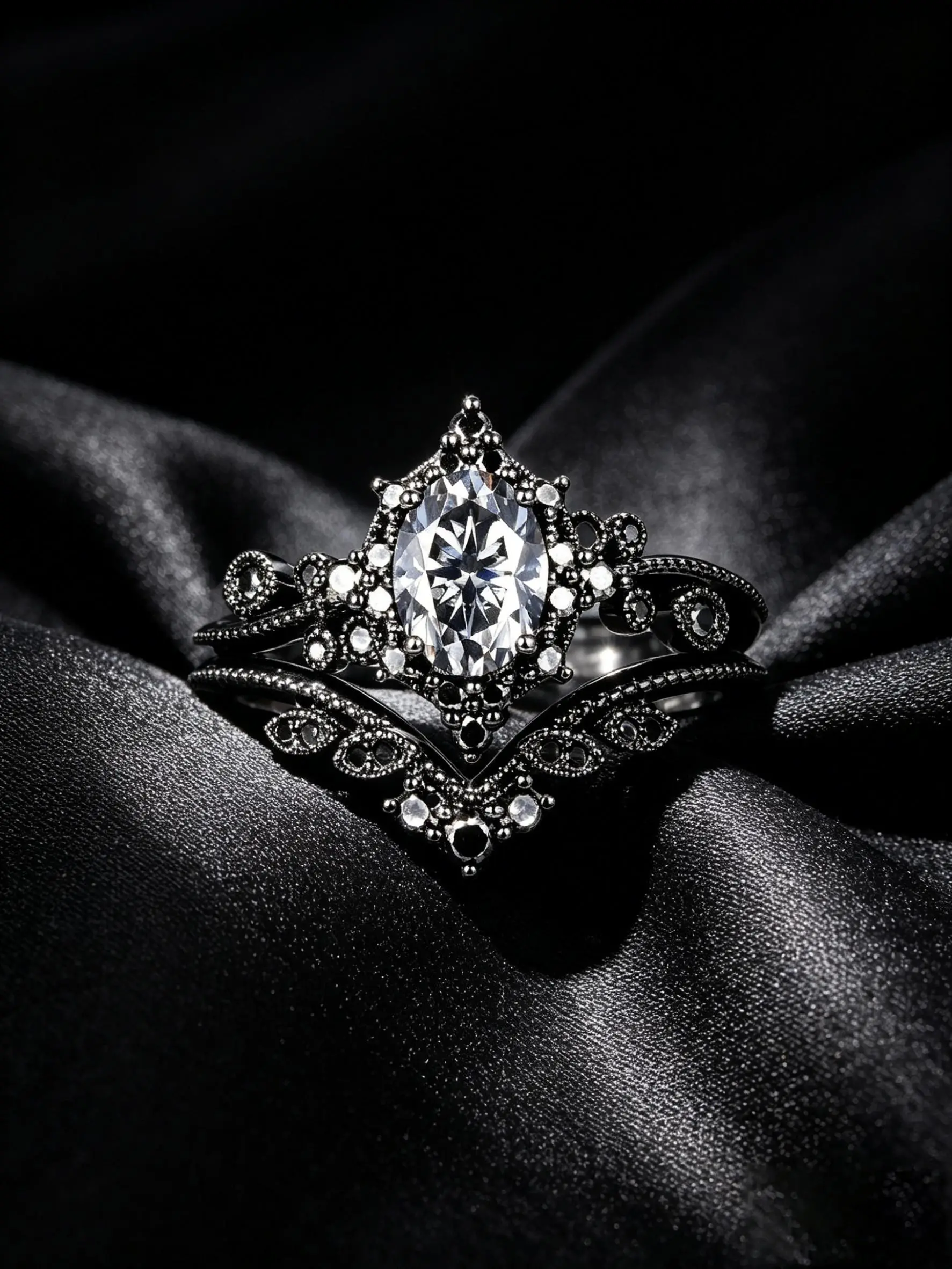 Elegant Oval Moissanite Engagement Ring Set, Gothic Moissanite Wedding Band, Anniversary Promise Rings, Women's Gift, Halloween Jewelry