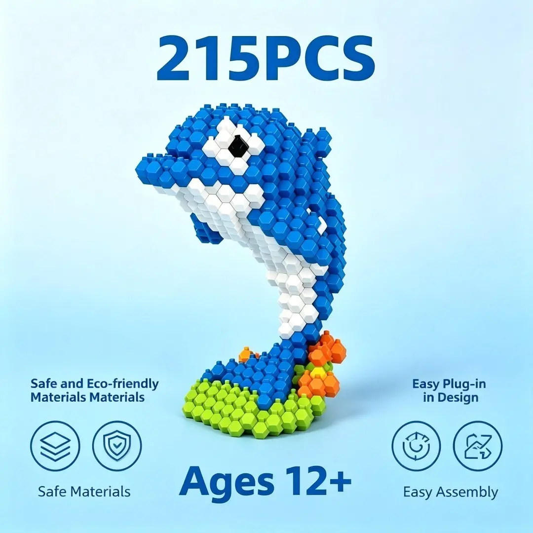 Premium ABS Pixel Micro Building Blocks Dolphin Set – DIY 3D Animal Model Kit for Teens & Adults, Small Particle Construction Toy, Creative STEM Hobby Project, Collectible Desk Decor & Unique Gift