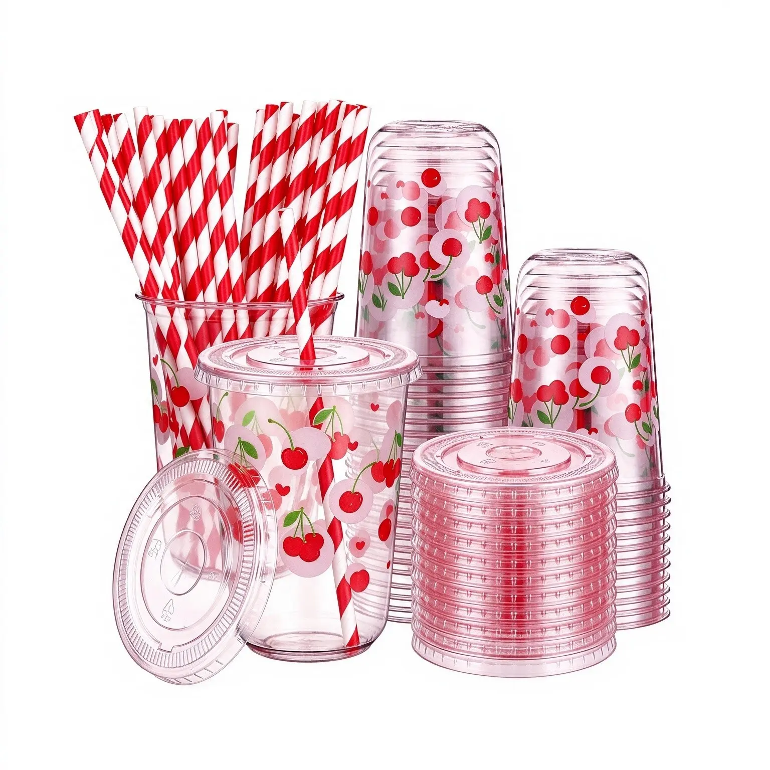 20/50 Set 16oz Cherry Transparent Plastic Drinking Cups with Lids and Straws, Ideal for Iced Coffee, Juice, Smoothies, Birthday Parties, Events