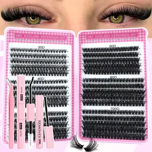 600pcs Eyelash Extension Kit with Glue, Tweezers, Remover Cream, D Curl Mixed 8-16mm, Large Capacity, Home Use, Beginner Friendly
