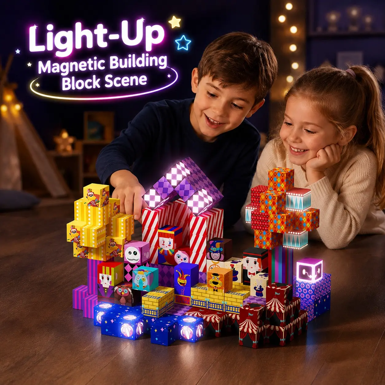 Night Light Magnetic Building Blocks Toy, DIY Circus Scene Puzzle, Stem Educational Game for Kids Aged 3+, Unisex Gift Idea