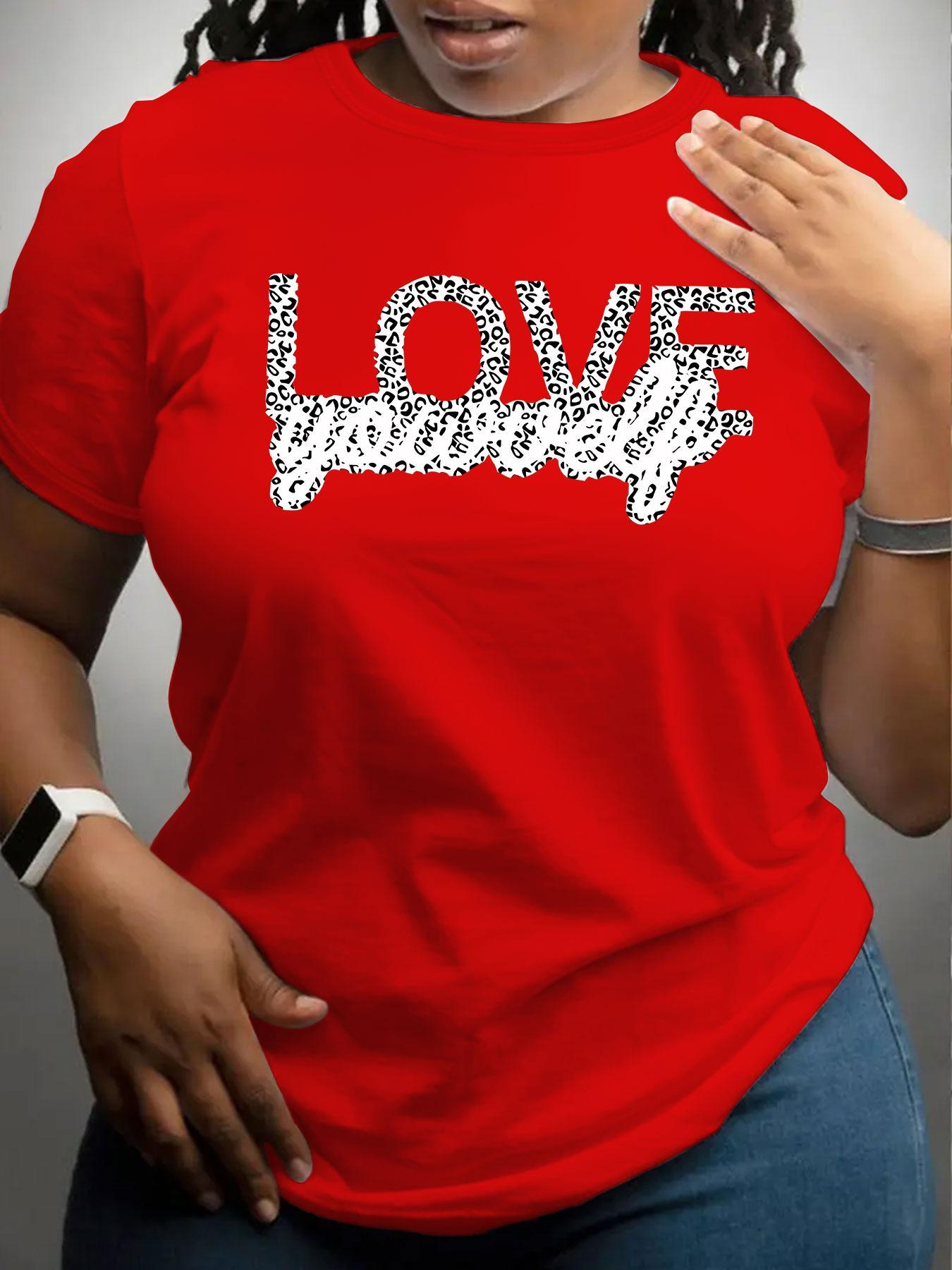 [Plus Size] Leopard Letter Print Round Neck Tee, Fashion Casual Crew Neck Short Sleeve T-shirt Fitted for Daily Outdoor Wear, Women Plus Clothing for All Seasons