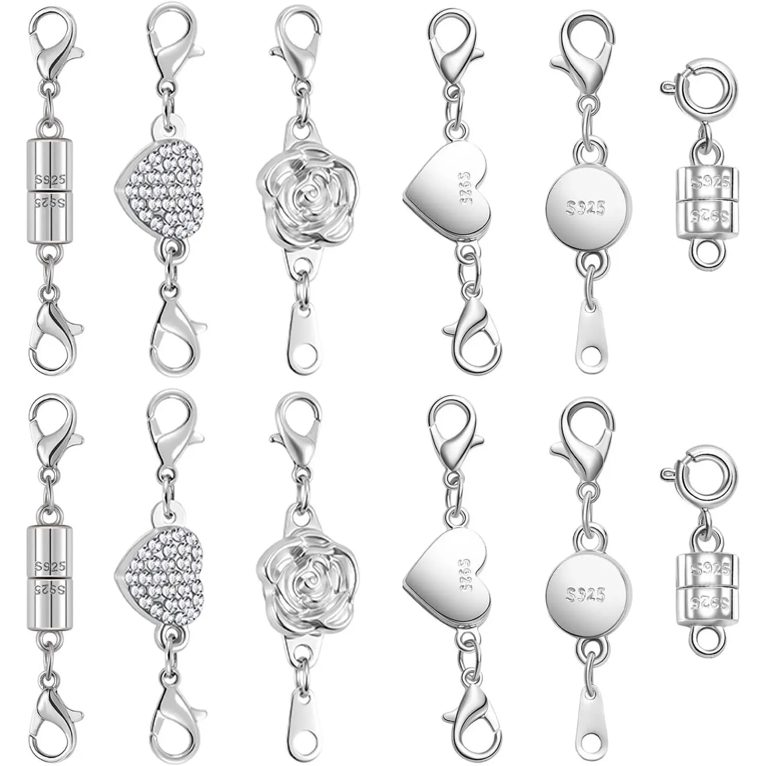Clasps Set,  and , 12 Pack Rose and Heart Design, Necklace Bracelet Closures with Rhinestone Accents (12pcs Silvery)