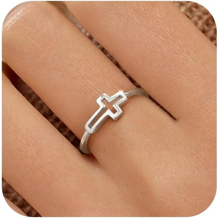 Cross Ring for Women Silver Hollow-out Cross Ring Purity Ring Christian Jesus Promise Rings for Mother Daughter Religious Faith Birthday Baptism Wedding Jewelry Gifts