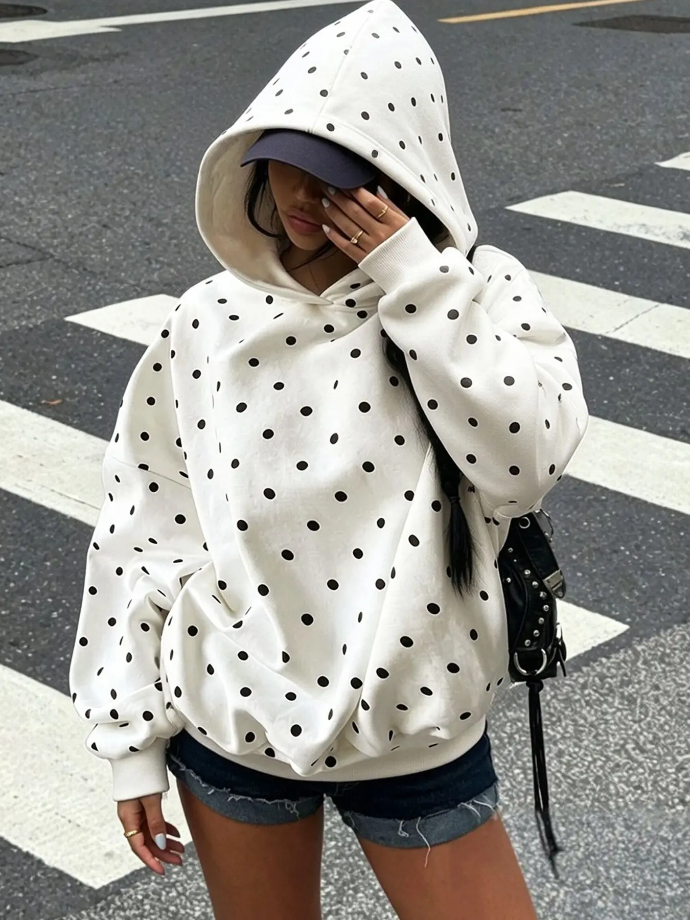 Full-Body Polka Dot Printed Sweatshirt, Ribbed French Terry Material, Loose-Fit Casual Style, Fall & Winter Wear, Daily Use, Hoodie