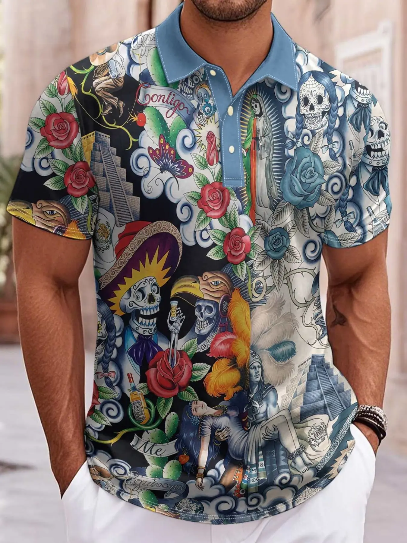 Men's Chicano Tattoo Style Day of the Dead Skeleton Polo Shirt Mayan Pyramid Rose All Over Print Short Sleeve Breathable Casual Top Y2K Personality Men's Polo