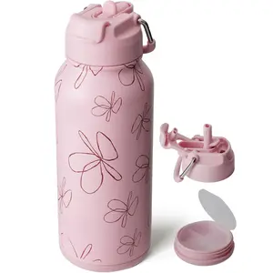 Stainless Steel Insulated Portable Metal Sports Water Bottle with Dual-Use Straw-Pour Lid, Pill Box Included, Suitable for Indoor Gym Drink Use