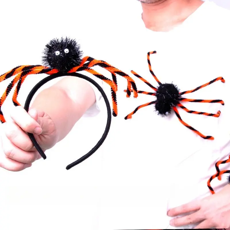 Halloween Plush Spider Headband And Brooch Set, Bendable Orange Black Pipe Cleaner Spider Hair Band Pin, Scary Cartoon Spider Costume Accessory For Halloween Party Cosplay Cross-Border Wholesale