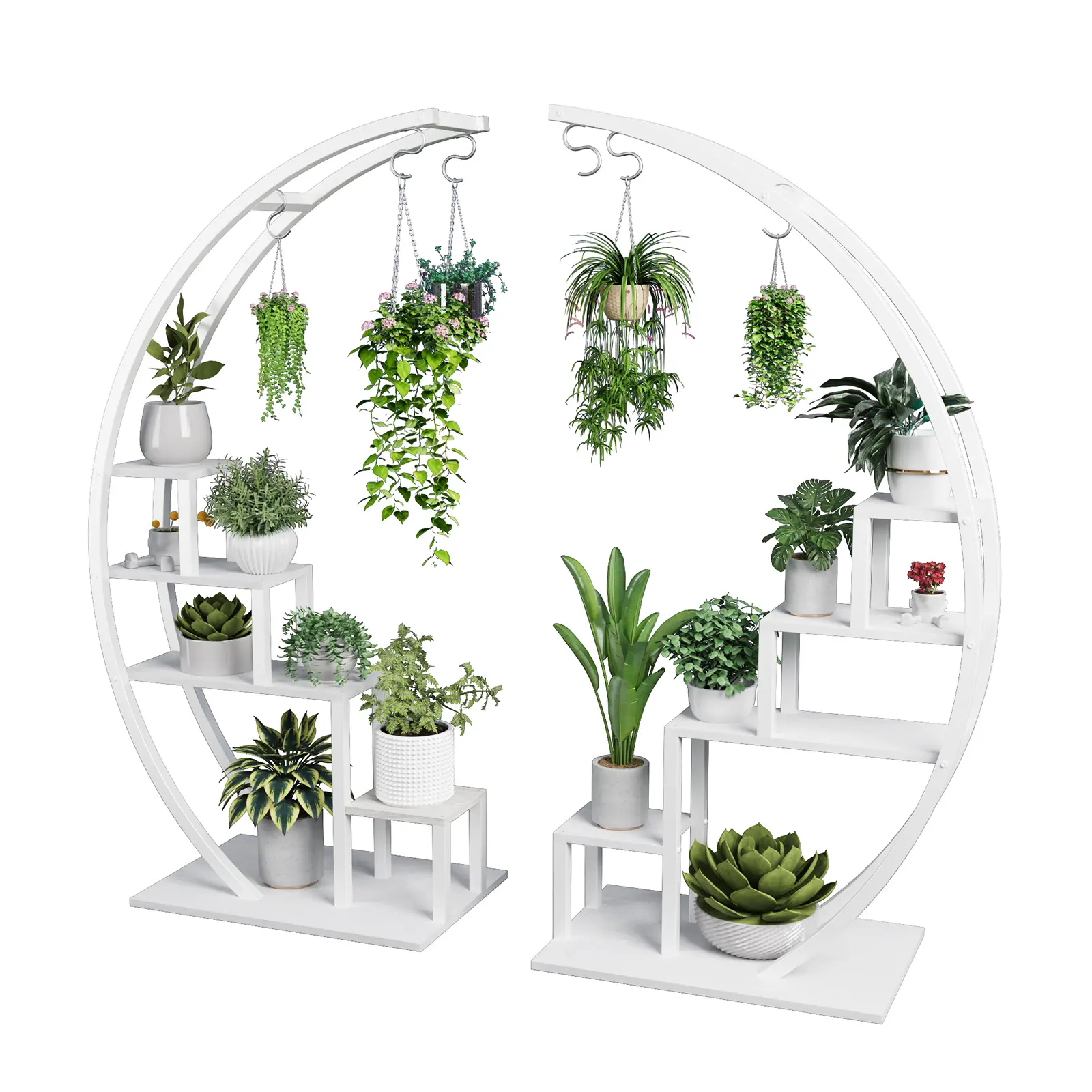 Set of 2 Tall 5-Tier Half Moon Plant Stands with 6 Hanging Hooks, 56 in Metal Flower Rack with Wood Shelves, Curved Plant Holder Shelf for Indoor & Covered Outdoor Use, Patio, Balcony, Living Room, Garden Corner Decor, White, Black & Brown Options