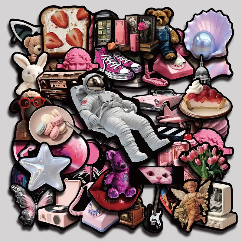 50PCS Pink Black Series Aesthetic Vinyl Stickers Pack for Laptop Water Bottle Phone Case Skateboard Journal Scrapbook DIY Decoration