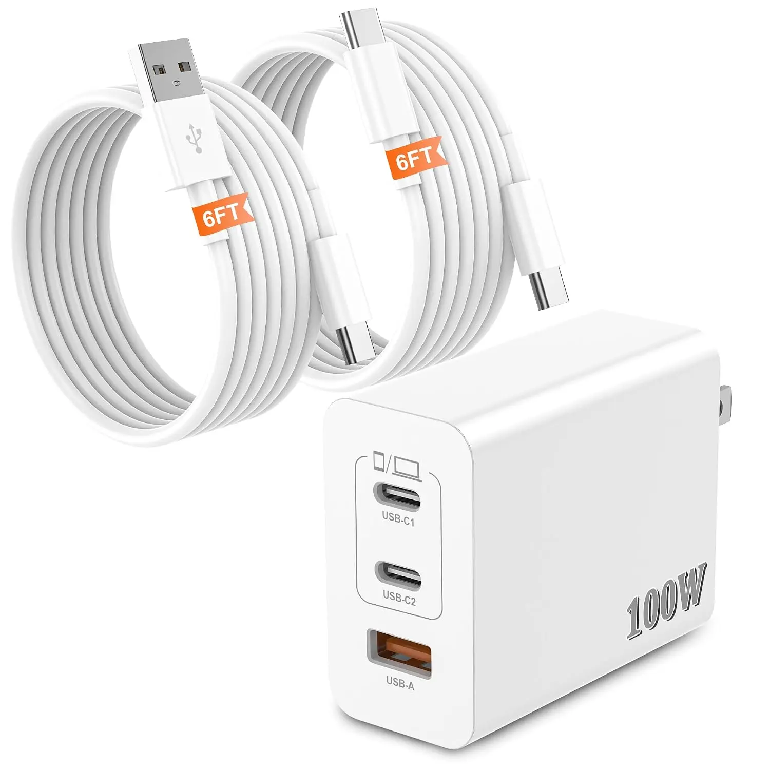 100W 3-Port GaN USB C Charger with C-C & A-C Cables 6FT, White | Compact Foldable GaN 3-Port for Travel & Business;  E-Marker Safety Chip, Fits MacBook, ,  & Steam Deck