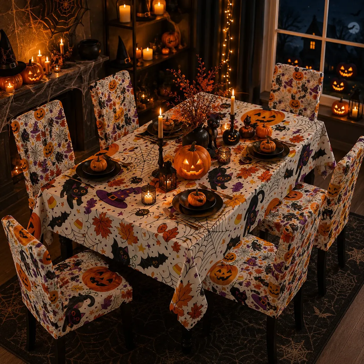 5/7 Pcs Witch Black Cat Pumpkin Bat Spider Web Maple Leaf Halloween Print Tablecloth & Chair Cover Set, Cute Fall Holiday Party Decor, Stretch Removable Washable Dining Chair Slipcover, For Halloween Parties, Family Gatherings & Household Table Decor
