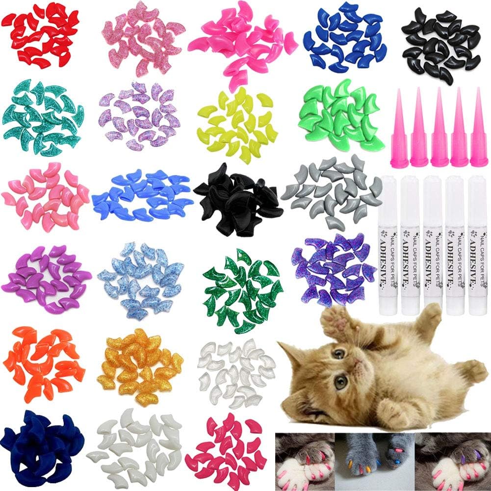 Cat Nail Caps, 100pcs Medium Size 5 Colors with Glue and Applicators, Safe for Cat Claw Care, Protect Homes and Furniture, Prevent Scratch Disease, Long-lasting, Skin-friendly