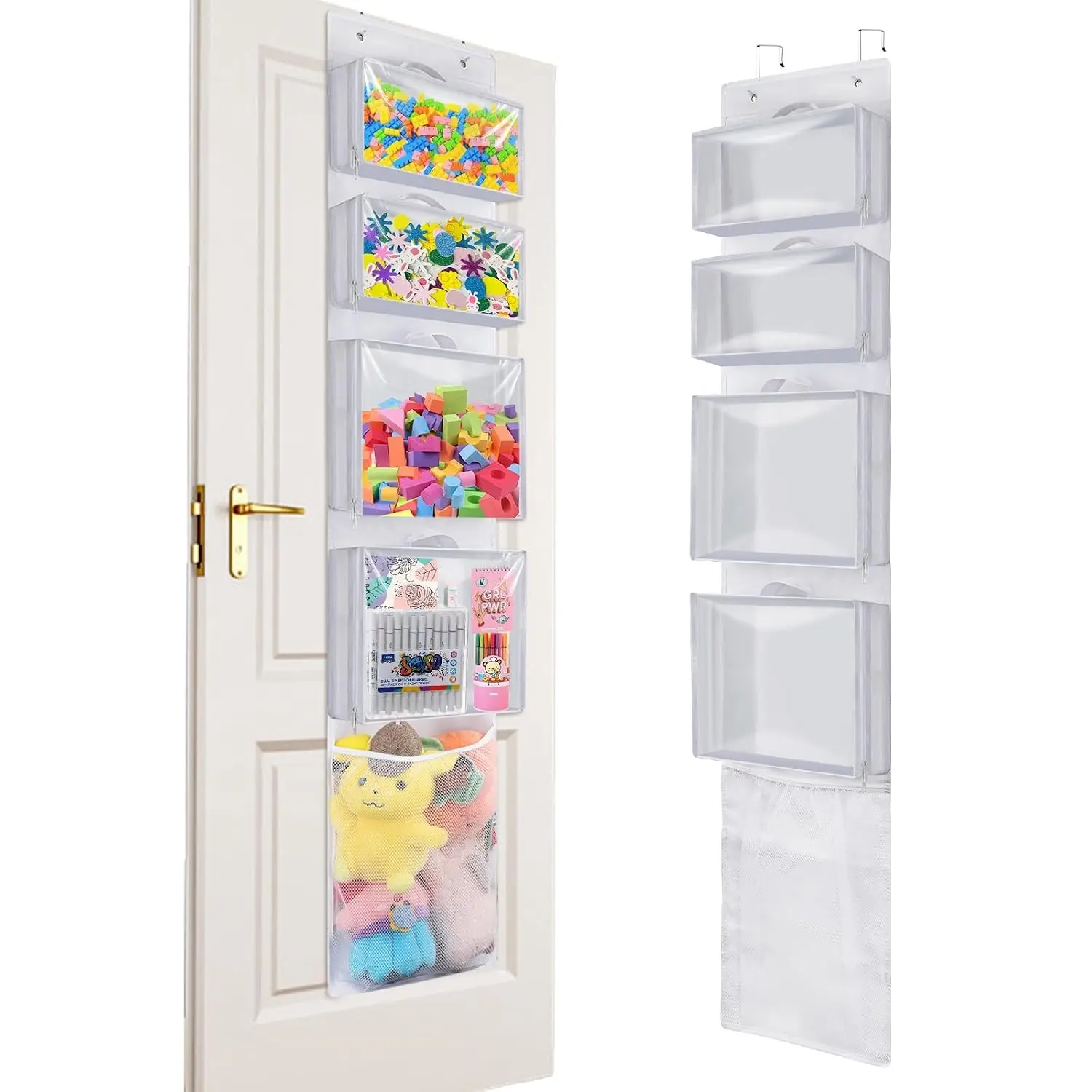 Over Door Organizer and Storage, Hanging Toy Holder with 4 Clear Removable Pouches, Toddler Room Wall Stuffed Animal Bag Case, Kids Playroom Closet Organization for Building Block, Puzzle