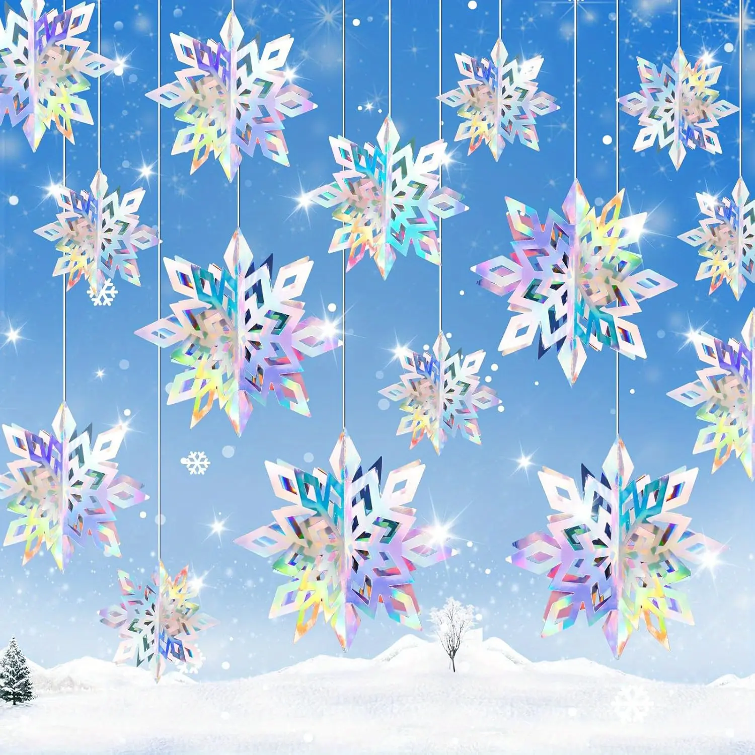 18pcs Large Hanging Snowflakes Decorations - Iridescent Shimmering 3D Snowflakes Ornaments with Hanging Strings