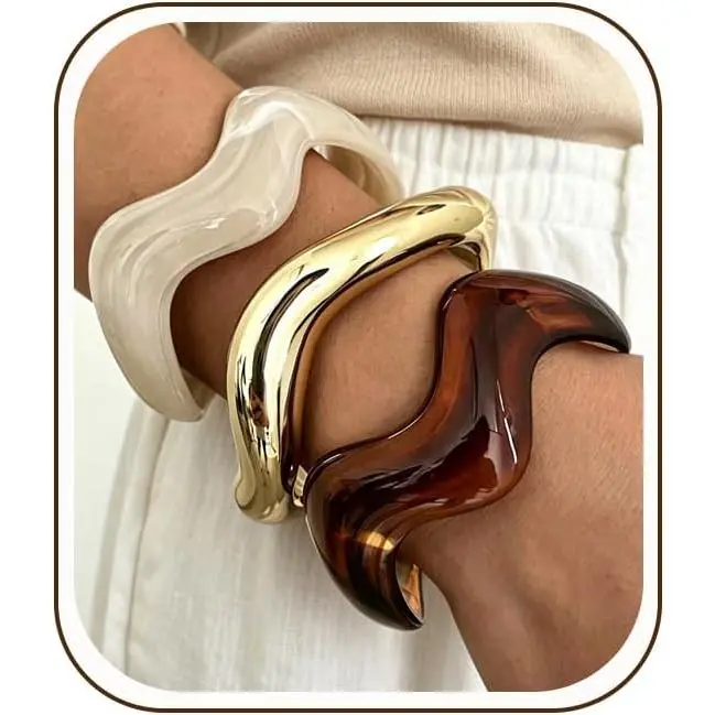 3 count  Bangle Bracelets for Women, Chunky Stackable Statement Set | Women's Bracelet Stack, Colorful Bangles, Irregular ,  Cuff, Lightweight,  for Daily Wear, Ideal