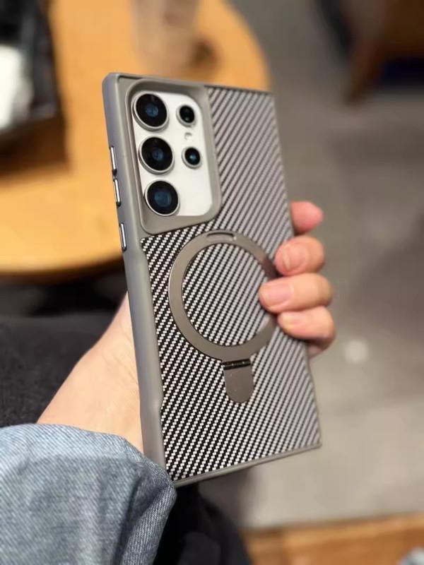 Compatible with New Carbon Fiber Texture  Phone Case for S25 Ultra/S24/S23/S22 With Invisible Kickstand Shockproof PC Hard Cover HNXMY-2