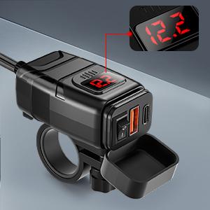Waterproof Dustproof Motorcycle Phone Charger with 1.92.2cm Handle Diameter, 6.4A Dual USB Type-C PD Quick Charge 3.0, 12v2a, DC12v24v, 5v3.4a, 9v2.5a, ABS Cover, Voltmeter, Red LED Voltmeter, Independent Power ON/OFF Switch for Phone, GPS