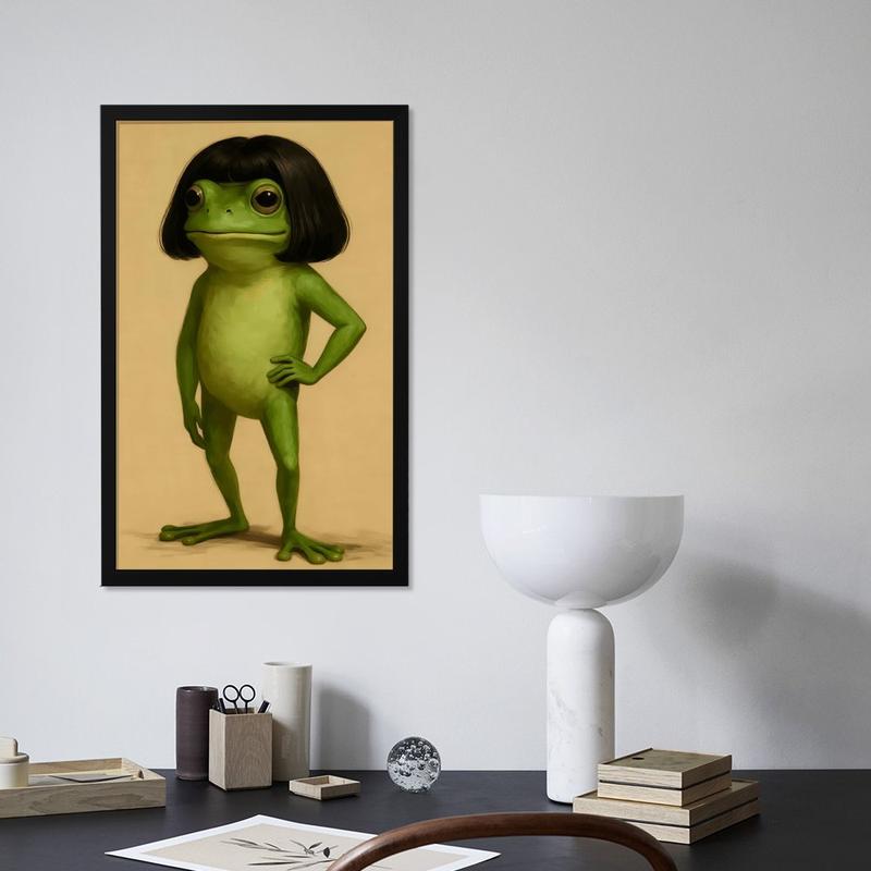 wooden frame Whimsical Frog Portrait Art With Bob Haircut (Frame)- Funny Animal Wall Art Poster Black Or Gold Framed Acrylic Wall Hanging Painting Canvas Painting Wall Painting Canvas Poster Decorative Painting Hallway Home Decoration