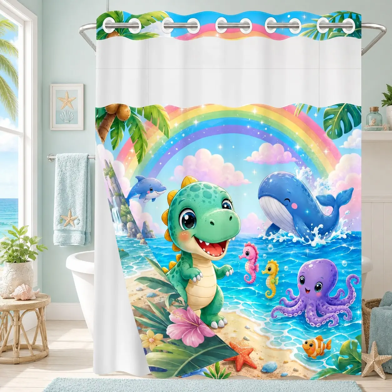 1Pc Hookless Waterproof Shower Curtain, Cute Cartoon Dinosaur Sea Creature Beach Rainbow Print, Quick Dry Mildew Proof Fabric, Removable Snap-in Liner Accessory, Top See-Through Window, Kids Lovely Divider Curtain 71×74 Inch