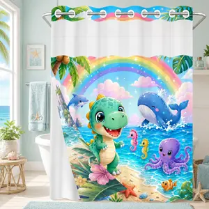 1Pc Hookless Waterproof Shower Curtain, Cute Cartoon Dinosaur Sea Creature Beach Rainbow Print, Quick Dry Mildew Proof Fabric, Removable Snap-in Liner Accessory, Top See-Through Window, Kids Lovely Divider Curtain 71×74 Inch