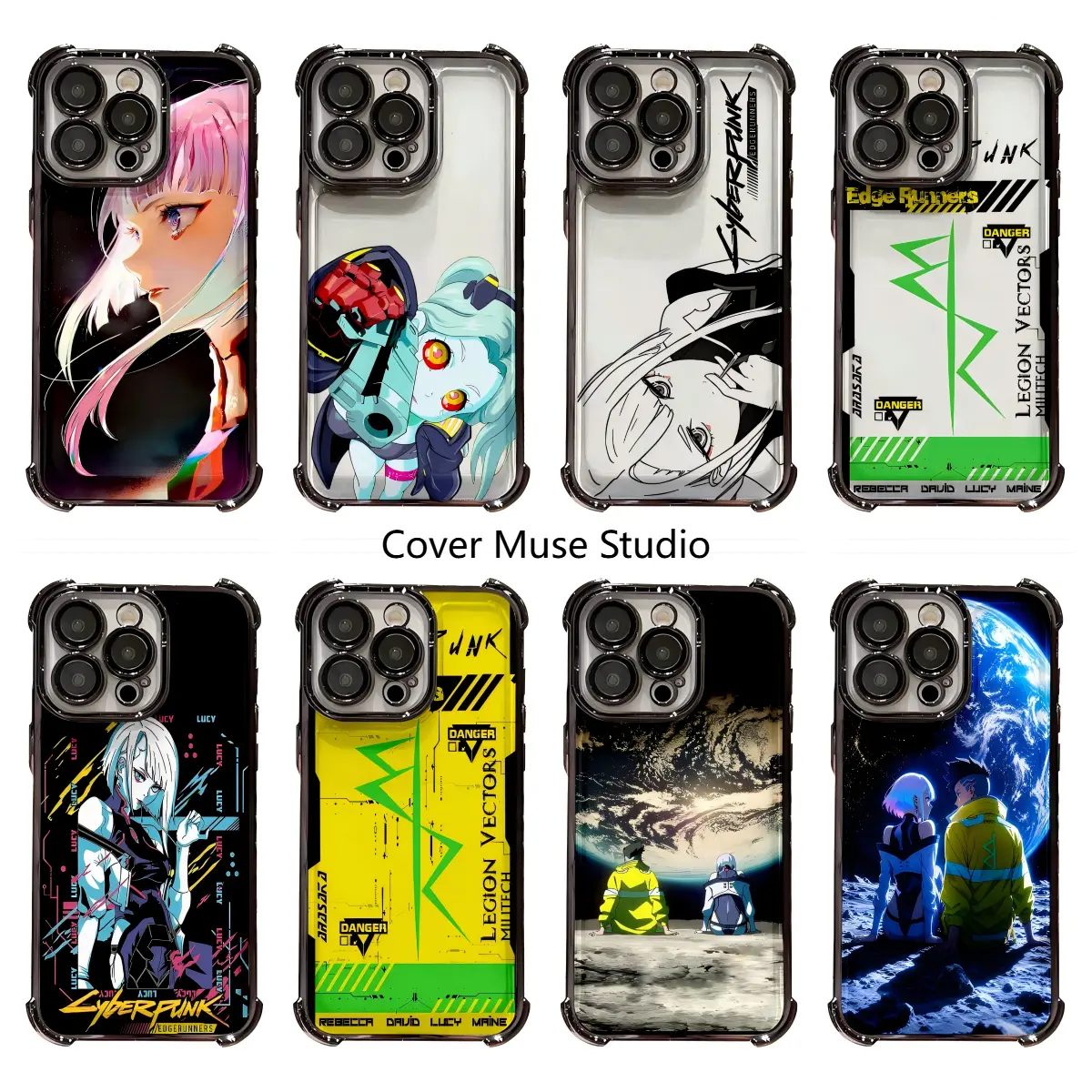 Aesthetic Cyberpunk Edgerunners Anime Transparent Neon Space Casing for iPhone 11-17 Pro Max, Shockproof 4-Corner Airbag Electroplated Cover with Moon Themed Accessories for Device Protection
