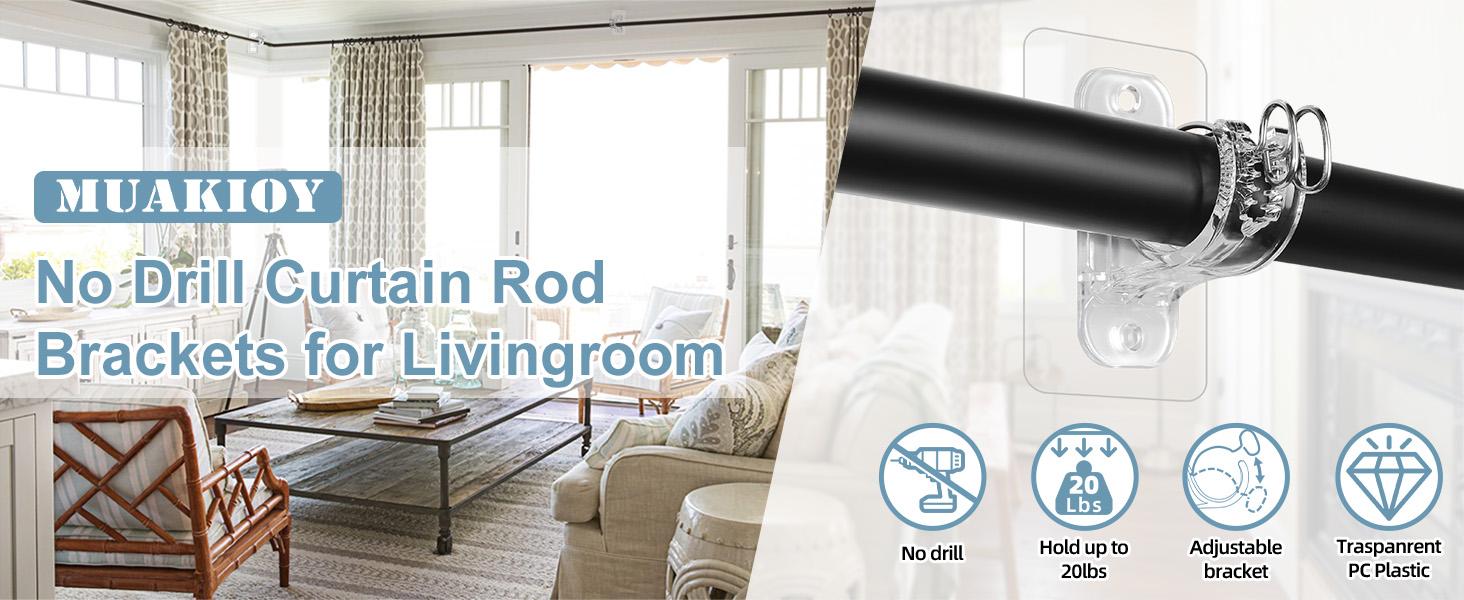 No Rod Bracket Holders, (8 Pack) Self, No-Nail Stick on Wall Rod Hangers for Bedroom and Livingroom