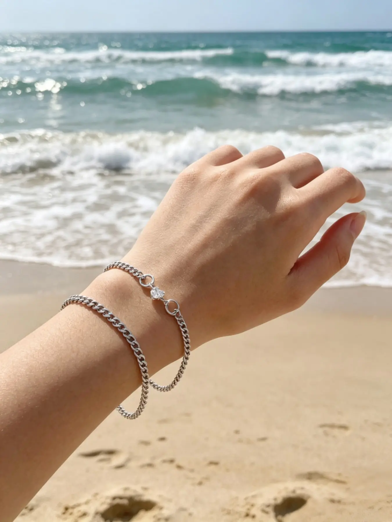 2-Piece Couple Bracelets Set, Elegant Chain Print Design, Stainless Steel Heart Bracelets, Bracelet For Couples, All Seasons Fashion Jewelry