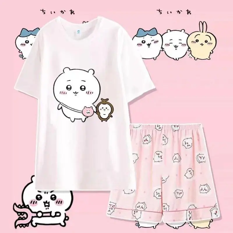 Chiikawa Usagi Cartoon Anime Hachiware Momonga Cute Pajamas Summer  Round Neck Short Sleeves Shorts Loose Cartoon Lounge Clothes