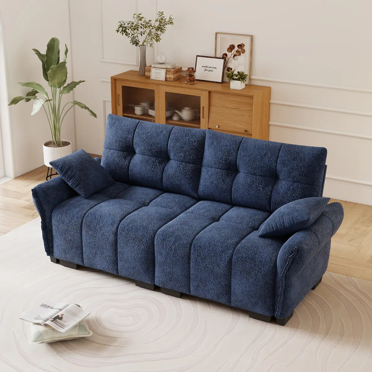 Premium 2-Seater Office Sofa Combo with Cushion - Ergonomic Tufting Design, Durable Modern Chenille Fabric Upholstery, High-Resilience Foam, Wood Frame, for Living Room, Lounge, Blue