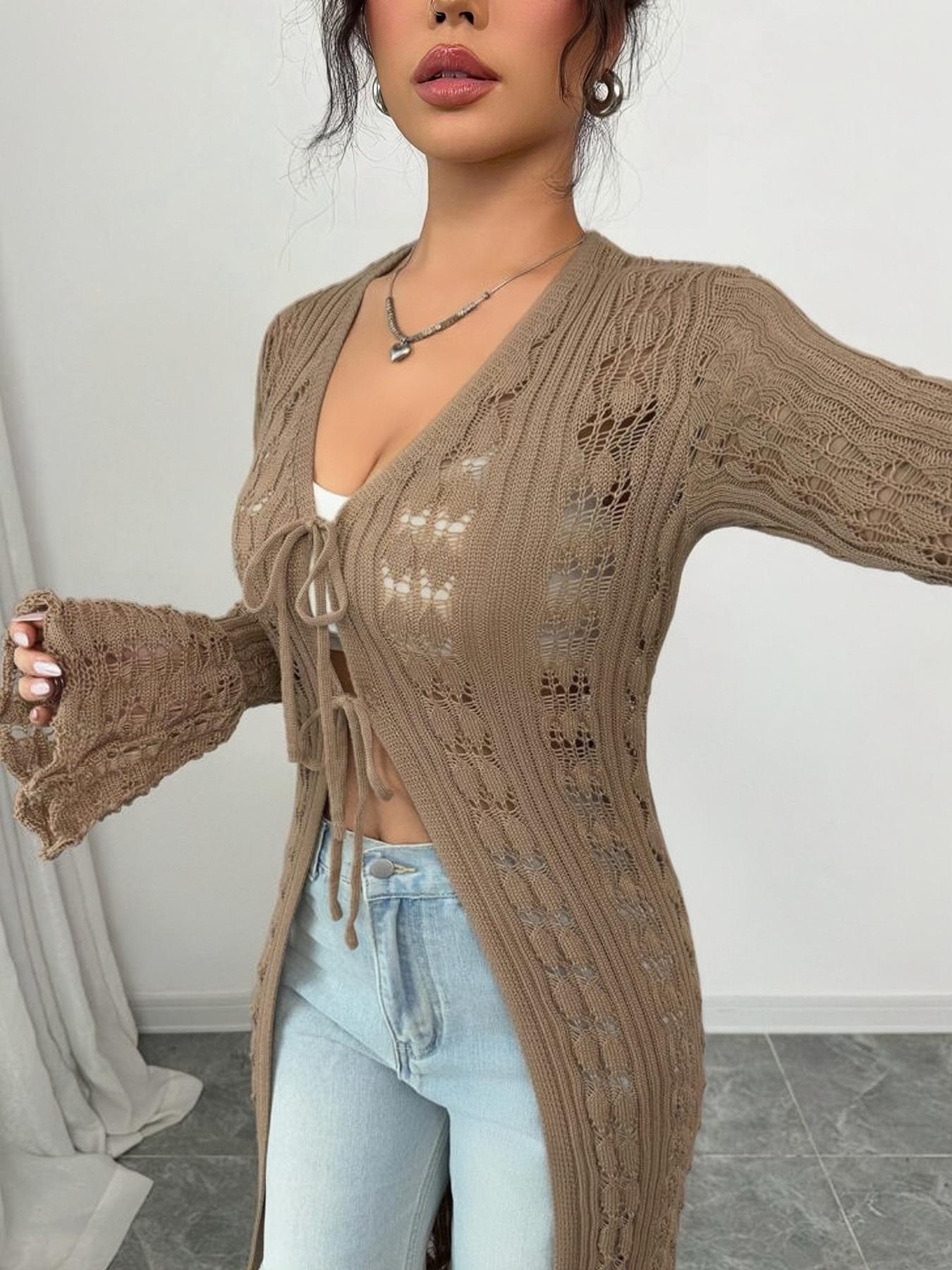 Women's Solid Color Long Sleeve Knitting Cardigan, Elegant Fashion Casual Fitted Tie Front Cardigan, Women Knitwear for Daily Outdoor Wear