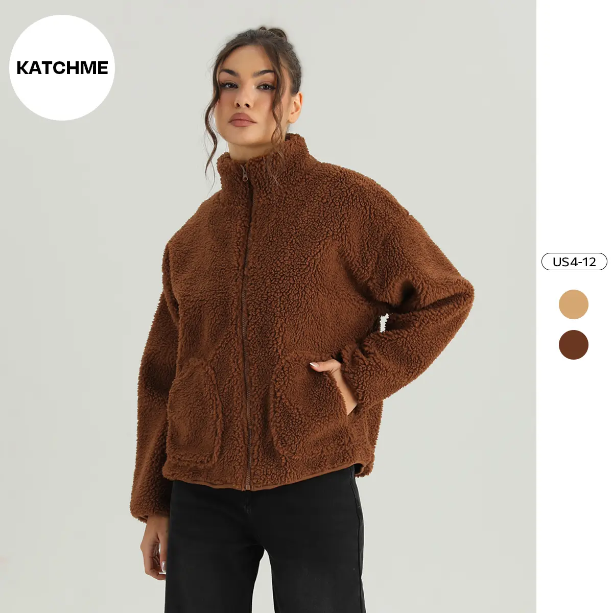 KatchMe Women's Cozy Mock Neck Side Pocket Zipper Fluffy Long Sleeve Outerwear, Versatile Faux Fur Fleece Coat for Fall & Winter, Comfort Solid Color Outfit