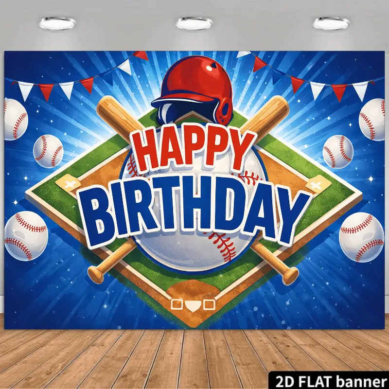 Multicolor Printed Baseball-Themed Birthday Backdrop with "HAPPY BIRTHDAY" Text - Hanging Wall/Room Decor, Baseball-Shaped Border, Pennant Flags & Confetti - Durable for Parties, Photo Booth Backgrounds